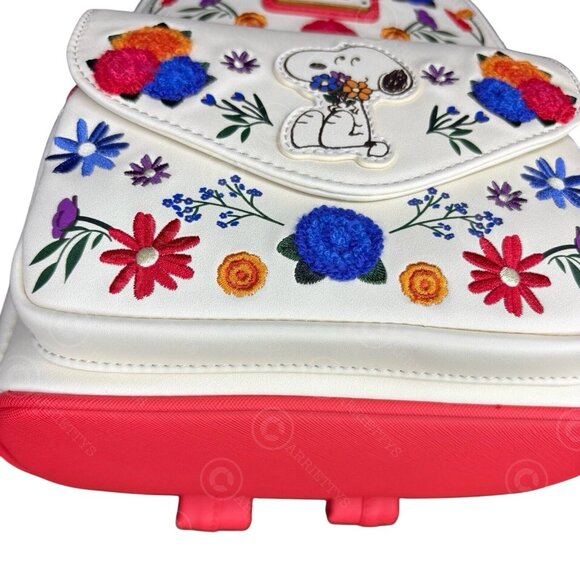 NWT Loungefly Peanuts Snoopy Crochet Flowers Embroidered Colorful Artsy Backpack - Picture 7 of 7